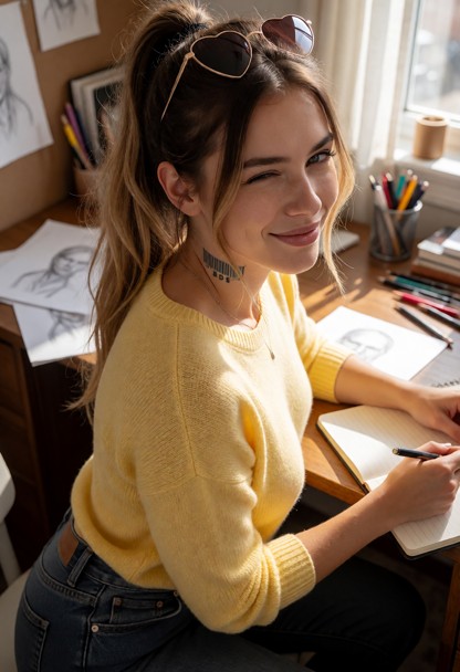 Location: bright afternoon in a cozy sunlit studio with scattered sketches, colorful pens, and a wooden desk reflecti…