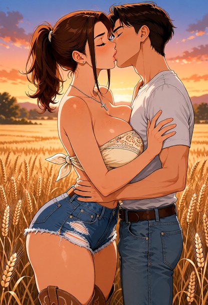a man and woman stand in a field. she wears denim booty shorts with deisgner holes in them. she wears a cream colored…