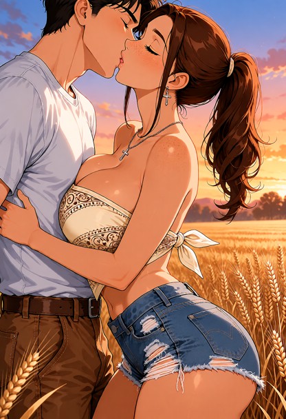 a man and woman stand in a field. she wears denim booty shorts with deisgner holes in them. she wears a cream colored…
