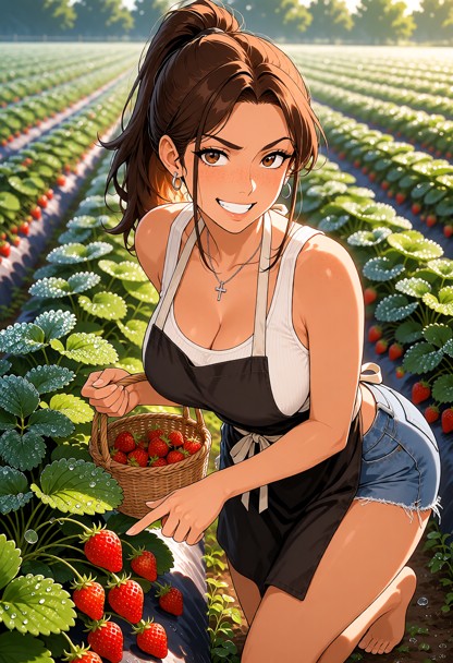 Location: bright morning in a lush strawberry field with endless rows of vibrant green leaves and bright red berries,…