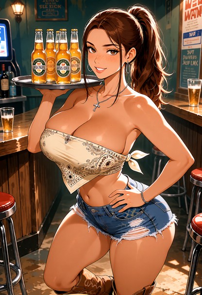 a fully clothed lady stands in the middle of a quiet dive bar carrying a tray of bottled beer on her shoulder and the…