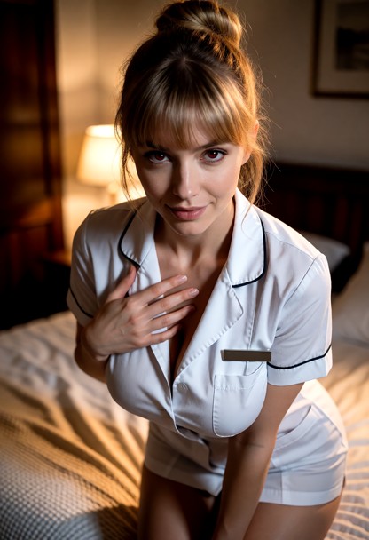 Location: evening in a dimly lit private bedroom with soft amber light from a bedside lamp casting long shadows acros…