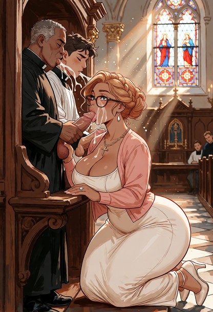We see a confessional from a distance in the middle of a luxurious, traditional church. Yolanda is on her knees insid…