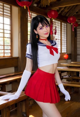 She takes off her sailor uniform and becomes naked.