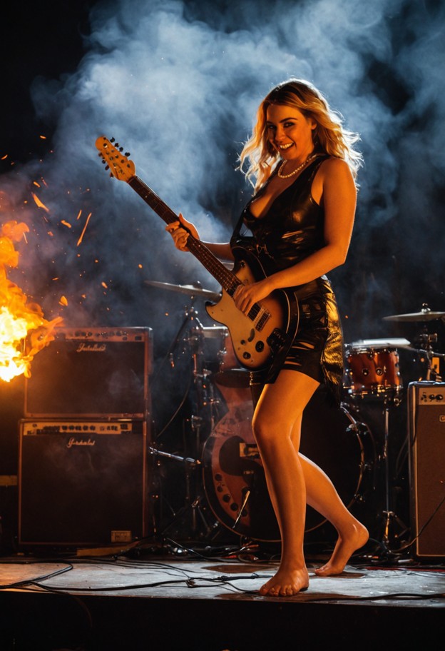 subject: a divine,barefoot female lead guitarist performing in a trance-like state,her head bowed in an ecstatic,prim…