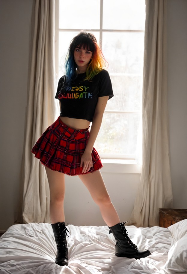 she is standing in bedroom,red plaid skirt,ripped black band tee,black combat boots,messy white sheets and pillows,mo…