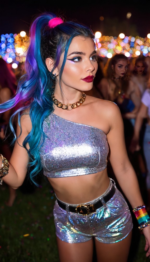 a vibrant medium shot of a young woman at a night festival,featuring long blue hair with bright yellow and pink ribbo…