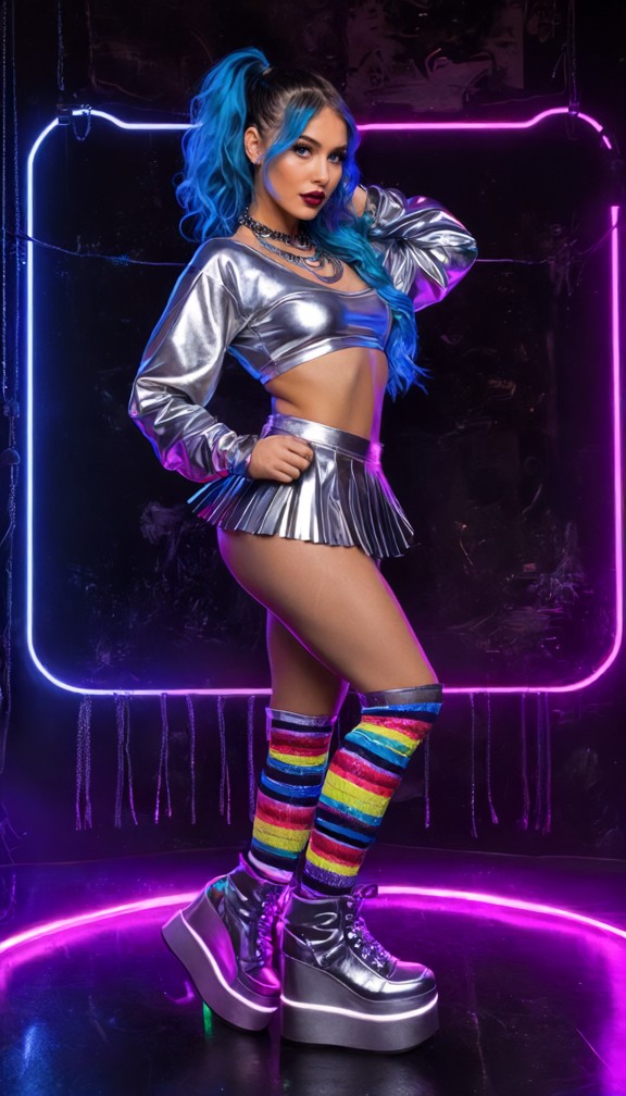 full-length portrait of a trendy young woman with long voluminous purple-tinted blue hair in a high ponytail,standing…