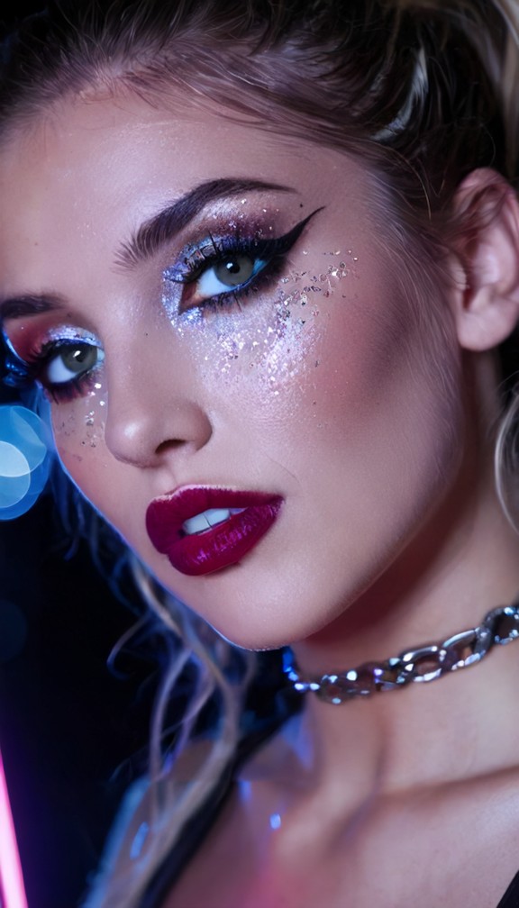 /imagine prompt: extreme close-up of a trance rave girl,shimmering eyeshadow catching moving lasers,chrome glitter ch…