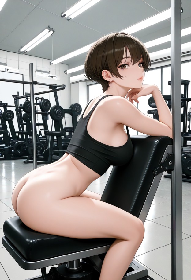 zoe twinkletoes is sitting on a gym machine leaning forward,black cropped tank top,black spandex shorts,dimly lit gym…