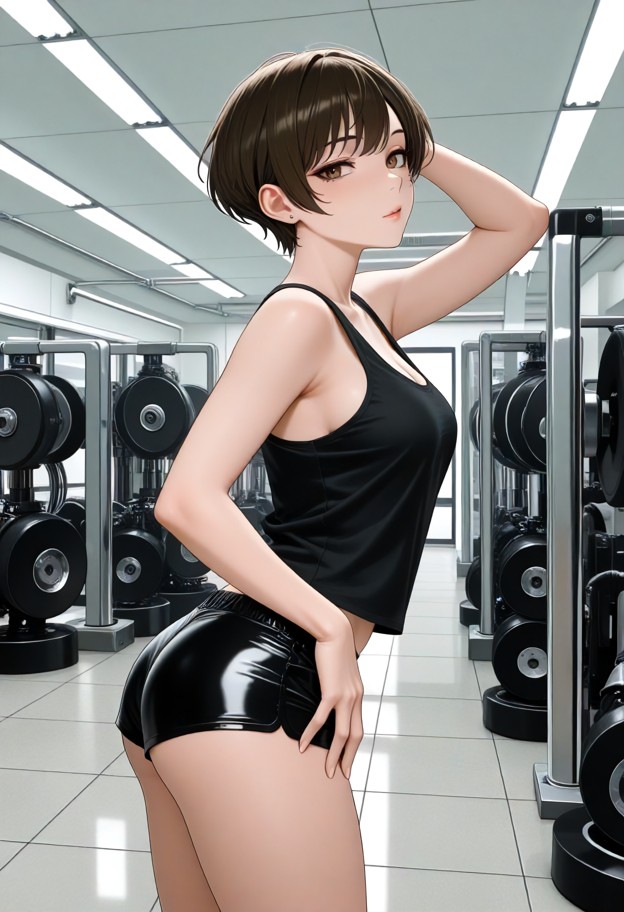 zoe twinkletoes leaning in close toward the viewer with a seductive gaze,black cropped cotton tank top,tiny black spa…