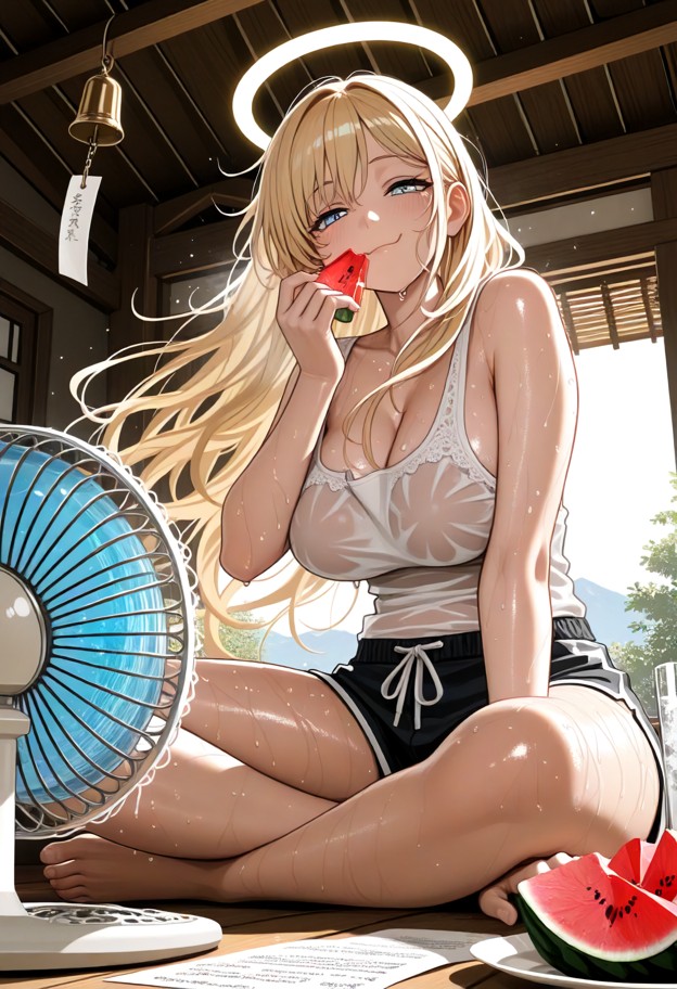 1 girl,anime style,extremely hot japanese countryside summer,sitting on a wooden engawa of a traditional japanese cou…
