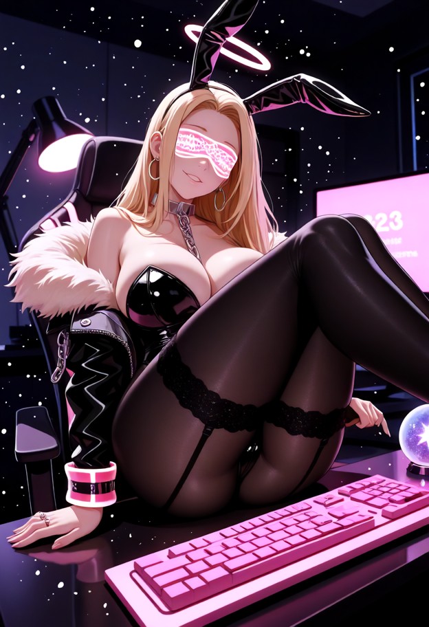 ultra-detailed anime illustration of a seductive adult woman sitting curled up in a desk chair at a computer setup,la…