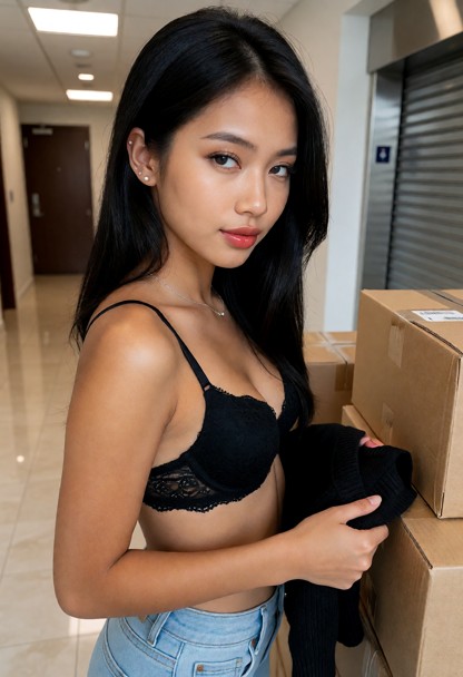 Location: a brightly lit apartment lobby with polished tile floors and a stack of cardboard packages near a metal del…