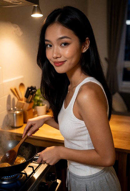 Location: a small dimly lit apartment kitchen in the evening, where warm light from a small overhead lamp casts soft …