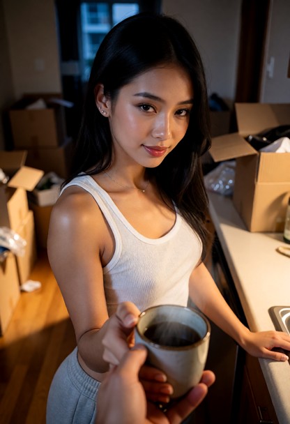 Location: a cluttered apartment in the evening with soft, warm ambient light reflecting off stacked cardboard boxes a…