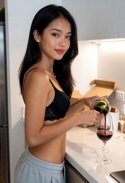 Location: a small, brightly lit apartment kitchen with white walls and smooth countertops, where the soft overhead li…