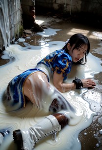 Xun-Li lies submerged in a massive pool of thick white liquid. The thick, viscous white fluid overflows and cascades …