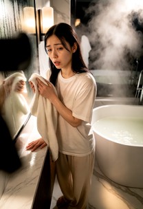 Xun-Li is standing before a foggy mirror. She uses a towel to dry her damp skin while leaning slightly against the ma…