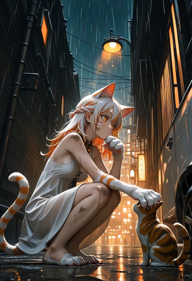 a cat-she is crouching on the wet ground and sniffing a tabby cat,white cotton sundress,dark street at night,wet pave…