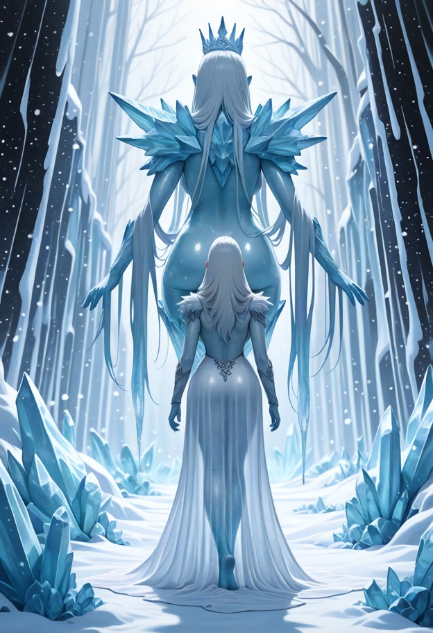 wide shot of a lone ice queen standing in an endless frozen wasteland
main subject: ethereal woman with frost-covere…