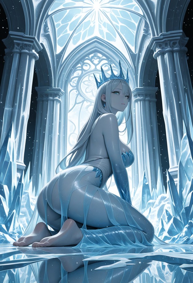 cinematic wide shot of an ice queen seated on a massive frozen throne inside a vast glacial cathedral
main subject: …