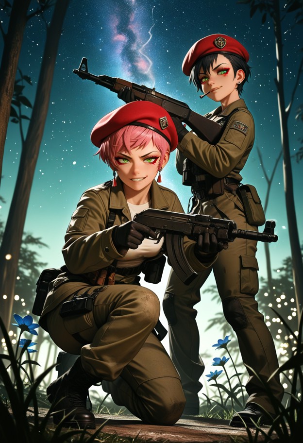 2girls,(girl 1 on one knee tactical stance,girl 2 standing up behind girl 1:1.9),(girls aiming an ak-47 rifles:2),((s…