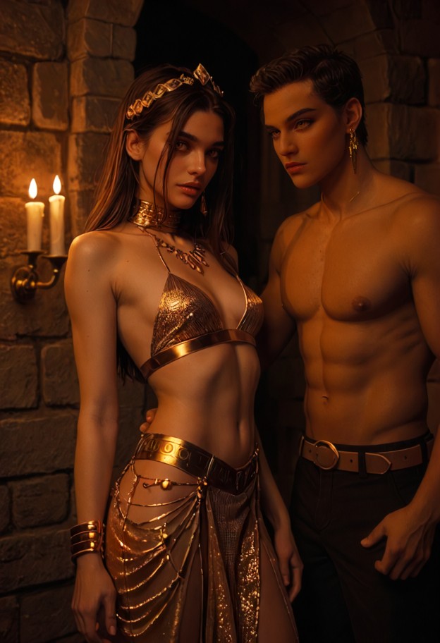 aziza leans against the man,gold silk dress,gold bracelets,private chamber,red velvet curtains,stone walls,candleligh…