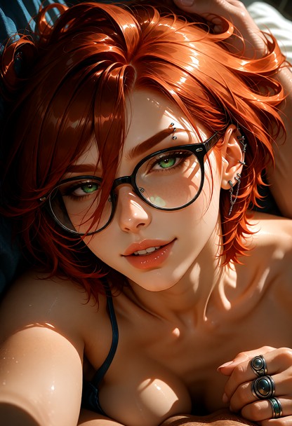 Close-up portrait of Pepper with fair skin and short, pixie copper red hair fanned out around her head and shoulders.…
