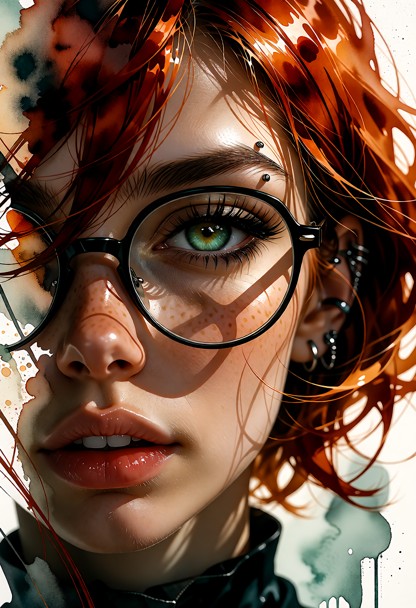 This is watercolor image depicting a woman's face, rendered in a free and expressive style. The composition is a clos…