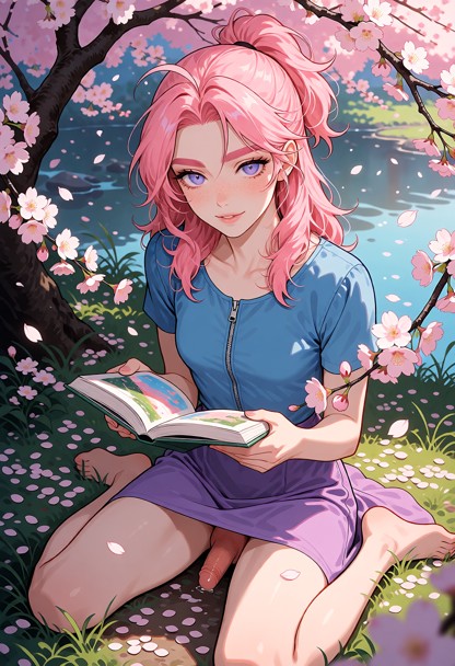 Cette illustration numérique capture avec sérénité une femme lisant paisiblement un livre sous des cerisiers en fleur…