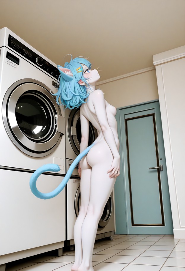 leaning back against a white dryer,naked,boobs,laundry room,white dryer,metal washing machine,tiled floor,looking up,…