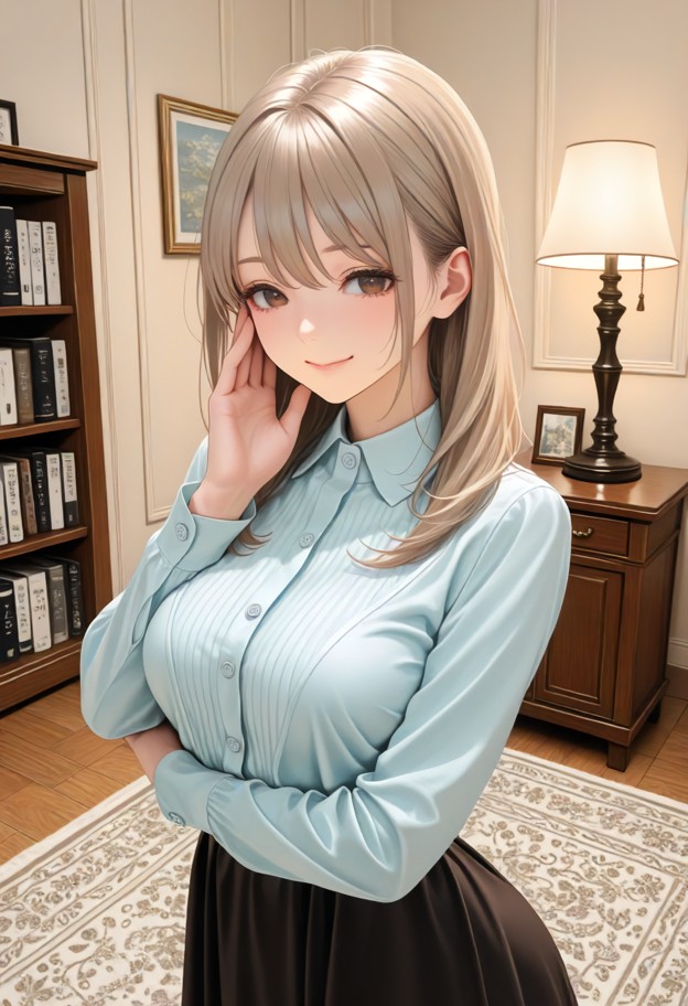 1girl standing beside oak desk smiling warmly,touching your face with soft fingertips,light blue satin blouse open at…