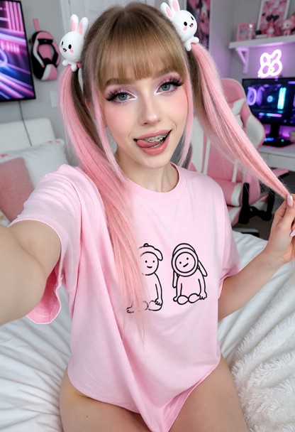 Mina is sitting on a bed, one hand hold the selfie camera and the other pull along a pigtail., She wears an oversized…