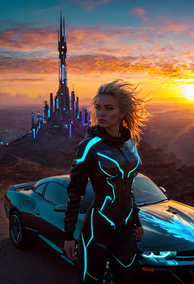 cinematic
 masterpiece,year 2050. a futuristic 1970s pontiac firebird restomod 
with hover-conversion and glowing thr…