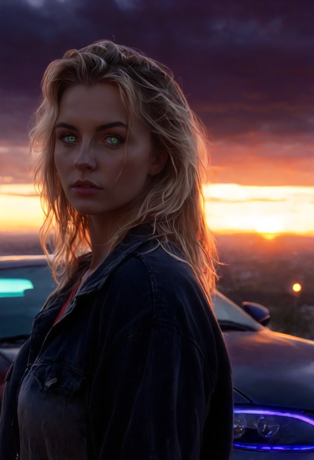 cinematic wide shot at dusk on a coastal cliff overlooking a glowing 
small town valley. a heavily modified,matte bla…