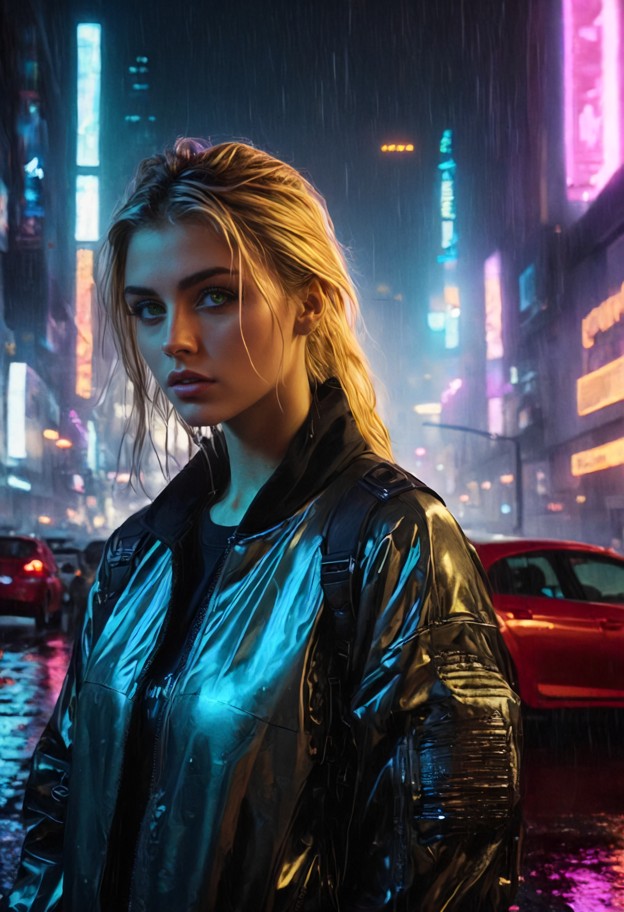 cyberpunk aesthetic,a stylish woman wearing a reflective bomber jacket
 and cargo pants leaning against a tuned car w…