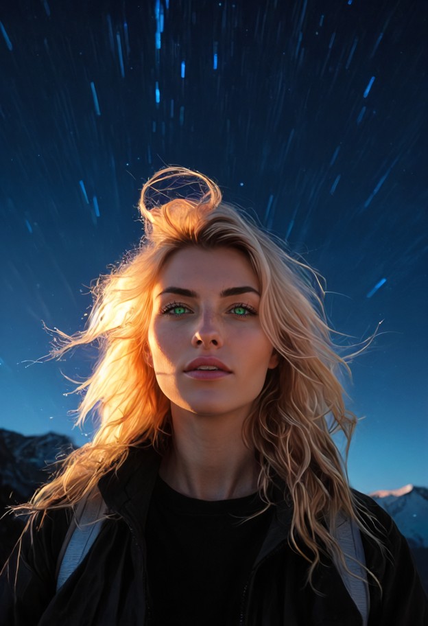 meditation
 on a summit under a swirling star-trail sky,long exposure photography,ethereal blue light,mountain silhou…