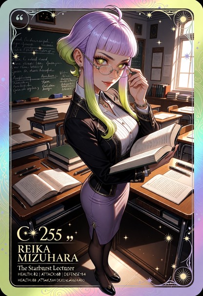 Premium trading card artwork featuring Reika Mizuhara, titled “The Starburst Lecturer,” with her name prominently dis…