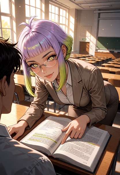A highly detailed cinematic anime-style illustration of Reika Mizuhara, a 35-year-old Japanese woman and college Engl…