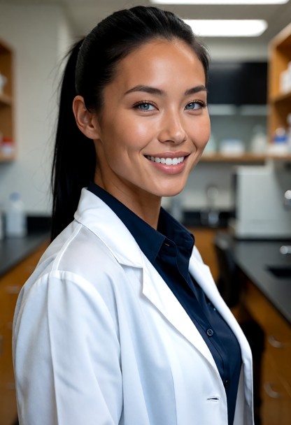japanese girl. tanned skin. Woman wears a lab coat, dark blue shirt and professional attire. laboratory, The subject …