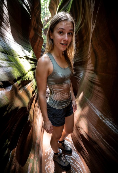 Location: a narrow slot canyon with towering red sandstone walls slick with moisture, where dappled light filters dow…