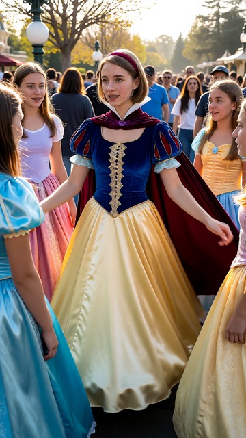 scene in the Disney land Paris: with many people on the street. six girls around wearing different walt Disney prince…