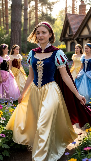 scene in the Disney land Paris: with many people on the street. six girls around wearing different Disney princess cl…