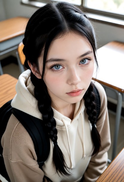 Woman wears a casual college student outfit with a hoodie and backpack., The subject looks serious and composed, with…