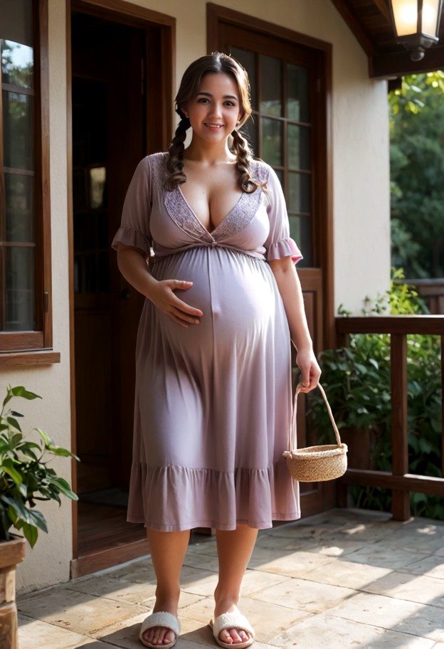 iris sits on the porch steps,lavender maternity dress,tan knit slippers,quiet porch at night,weathered wooden steps,d…