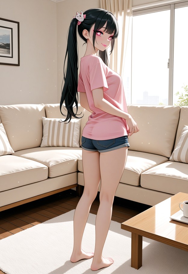 she is is standing and tilting her head with a curious expression,pink cotton t-shirt,denim shorts,brightly lit livin…
