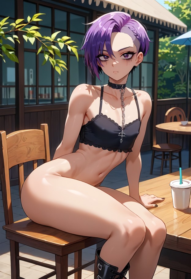femboy sitting on a wooden chair staring at person across the table,black crop top,silver waist chain,black lace chok…