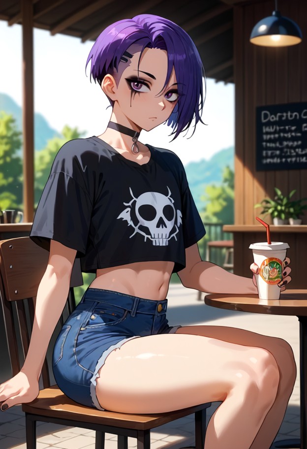 a femboy sitting at a metal table staring at a smartphone,black oversized graphic t-shirt,black choker,black denim sh…