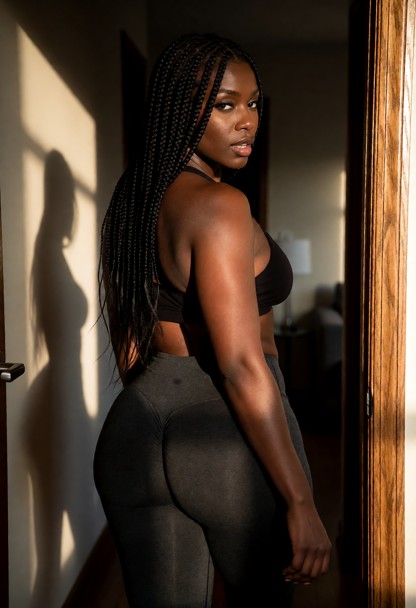 Location: dim hallway with warm, soft light casting long shadows against the walls and highlighting the texture of th…